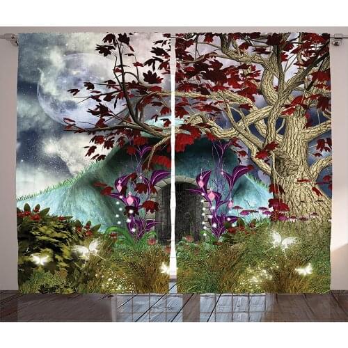 Living Room Curtains Mystical Tree Anime Moon Digital Art Wood Door in Forest Print Living Room Bedroom Window Drapes Home Decor