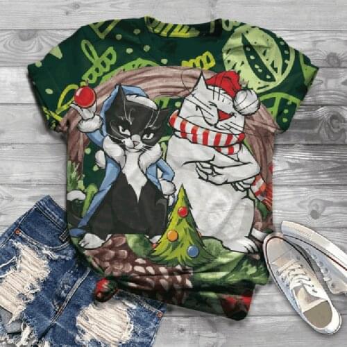 2020 Womens New Style Christmas Cat Pattern Casual T-shirt Short Sleeve 3D Digital Printing Ladies Round Neck Casual Top Female