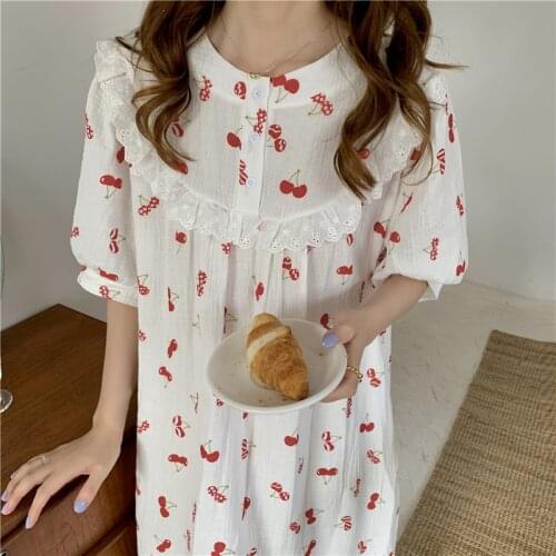 Women cherry print summer nightgown loose sweet ruffles puff sleeve dress homewear gauze cotton nightdress short sleeve Y939