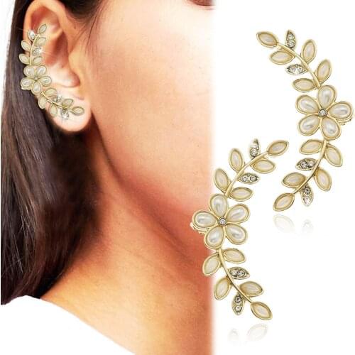 Women Greek Roman Gold Laurel Pearl Leaf Ear Cuff Stud Clip Climber Earrings Bridal Boho Statement Gift Punk Rock Celebrity