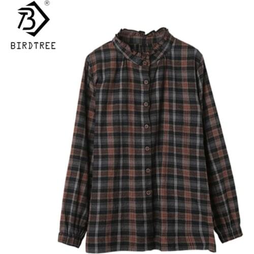 2020 Autumn Fall Oversize Women Shirts Loose Plaid Tops Stand Collar Single Breasted Ladies Cotton And Linen Blouses T09912K