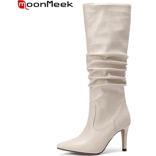 MoonMeek 2022 New Knee High Boots Big Size Pointed Toe Thin Heels With Fur Simple Women Winter Boots New Arrival Fashion Classic