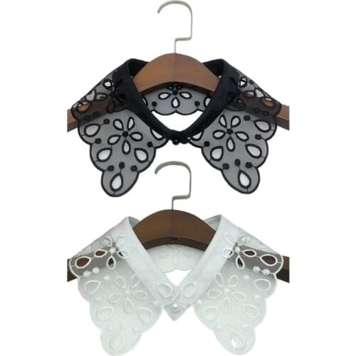 Women Hollow Out Floral Lace Lapel Fake Collar Necklace Dickey Scalloped Trim Button Closure Half Shirt Choker Shawl