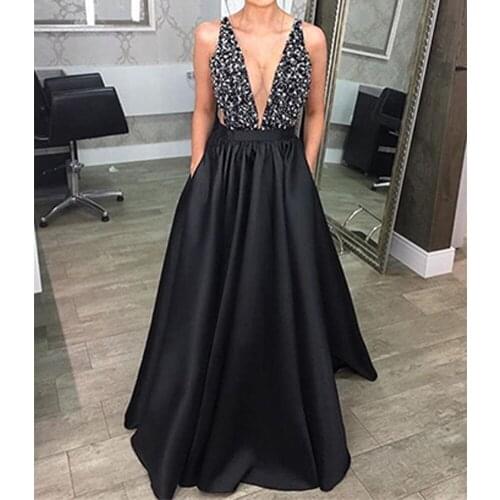 2019 Elegant V-Neck Beads Long Maxi Dresses Party Vestido Prom Gowns Sleeveless Backless Formal Dress Sequin Dress Vintage Sexy