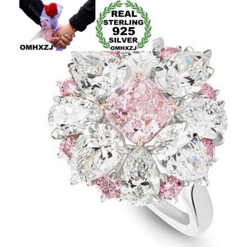 OMHXZJ Wholesale European Fashion Woman Girl Party Wedding Gift White Pink Flower AAA Zircon 925 Sterling Silver Ring RR130