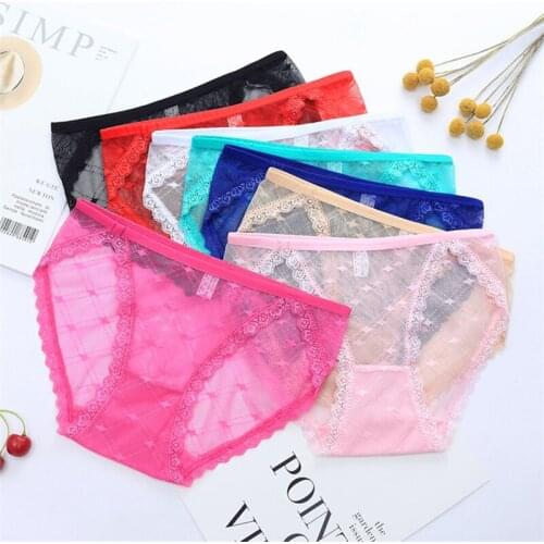 Sexy Lace Low Waist Womens Underpants Cotton Crotch Hollow Out Panties Net Gauze Transparent Briefs