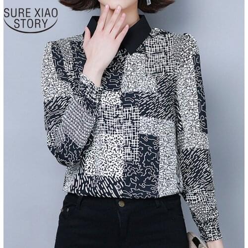 Feminina Long Sleeve Polo Collar Blouses Printed Office Ladies Shirt 2021 New Temperament Casual Slim Women Shirts 6894 50