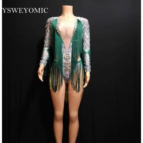 Tassel Spandex Bodysuit Big Stretch Long Sleeves Outfit stage Sexy Skinny bodysuit Birthday prom show Dance Costume for Women