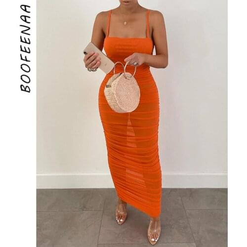 BOOFEENAA Sexy Sheer Mesh Bodycon Bandage Dress Elegant Evening Ruched Maxi Dresses for Women Party Night Club Outfits C16-BH22