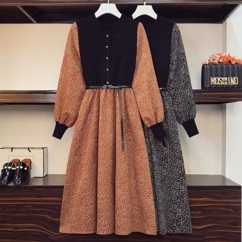 EHQAXIN Plus Size Women Knitted Stitching Dresses 2021 Autumn New Loose Floral A-Shaped Button Long Dress Ladies With Belt L-4XL