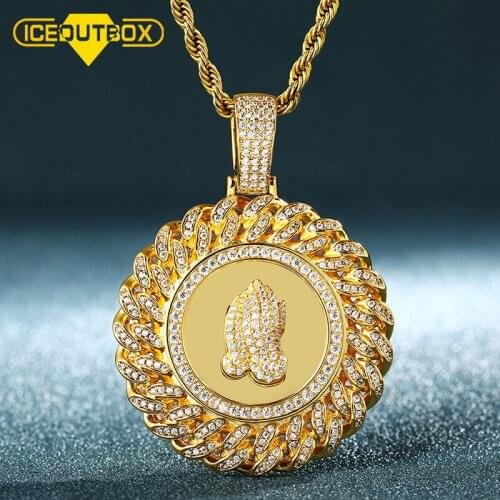 ICEOUTBOX Allah Pendant Necklace With Prayer Hand Ice Out Bling Fashion Mens Hip Hop Jewelry Muslim Arabic God Messager Gift