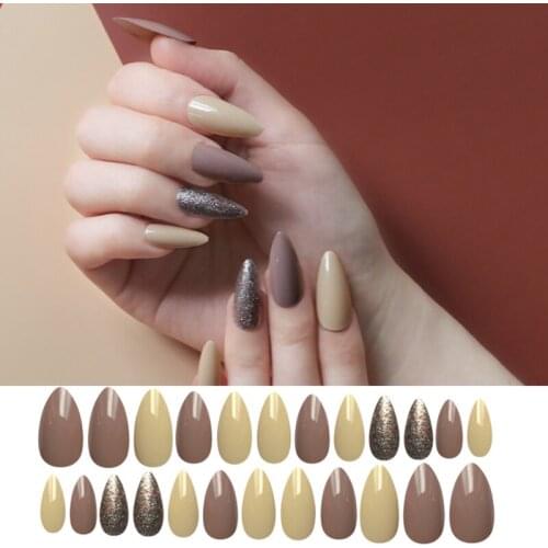 24pcs Brown Yellow False Nail Artificial Tips Stiletto Fake Nails with Design Fingernail art accessaries Press on Nails