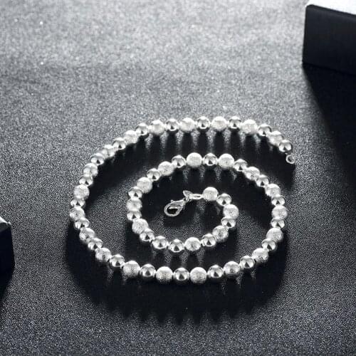 Fine 925 Sterling Silver Necklaces Jewelry 20 Inches 8MM frosted smooth beads Fashion necklace wedding women Christmas Gifts