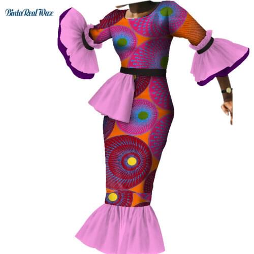 African Dresses for Women Bazin Riche Print Evening Long Dresses Dashiki African Clothing Draped Ruffles Sleeve Dresses WY3881