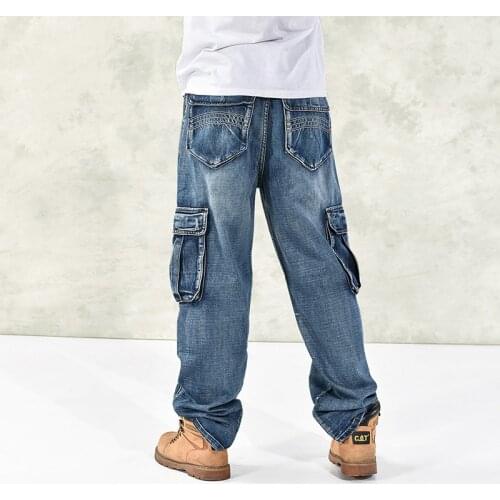 Hot sale mens new plus size jeans fashion loose Big pockets hip-hop casual jeans wide leg Skateboard pants plus fat