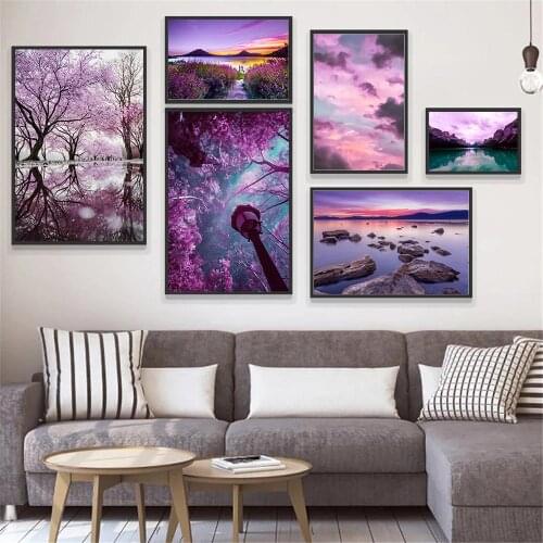 Purple Flower Tree Wall Art Canvas Painting Nordic Mountain Lake Poster Coconut Tree Boat Art Prints Nordic Pictures Home Decor