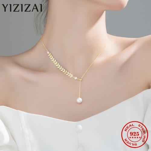 YIZIZAI Real 925 Sterling Silver Creative Leaf Charm Choker Necklace Pearl Pendant Birthday Jewelry Pendant Necklace For Women