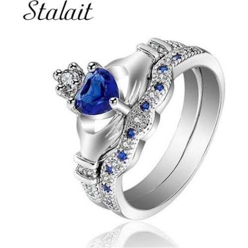Luxury Crown Engagement Wedding Ring Set Inlaid Blue Cubic Zirconia For Women Romantic Valentine Day Jewelry Gift