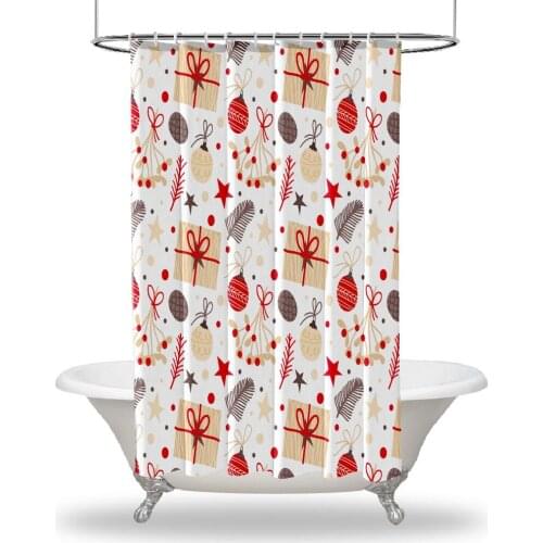 Christmas Decor Printed Showers Curtain / Waterproof Button Hole Shower Drapes for Your Bathtub,Bathroom Gifts Leaves Cones Star