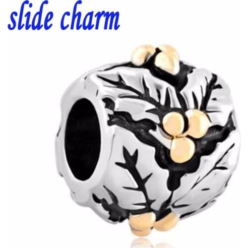 Slide charm Free shipping Mothers Day luxury brand loquat fruit golden beads fit Pandora charm bracelet Christmas