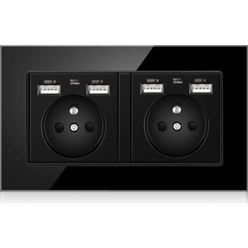FR Standard Wall Power Plug adapter Socket ,16A Dual USB Electrical Double Outlet Switch 146mm*86mm,Glass Panel,White,110-250V