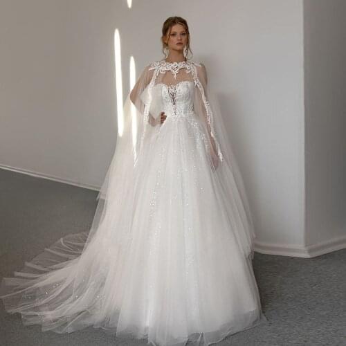 New Special Pearls Appliques Shiny Sequined Tulle Wedding Dresses With Shawl Buy China Direct Vintage Bridal Gowns A-line