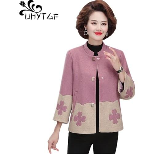 UHYTGF Korean 5XL Plus Size Coat Outerwear Womens Single-Breasted Casual Autumn Winter Woolen Jacket Elegant Mother Clothes 1126
