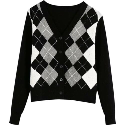 2020 New Check Knitted Irregular Cardigan Womens Long Sleeve Blue Sweater Womens Autumn Casual Knitwear Button Street Style