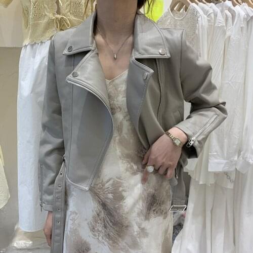 Autumn Women Gray Beige Black Short Soft Faux PU Leather Jacket Korean Lapel Long Sleeve Female Biker Jacket Casual Streetwear