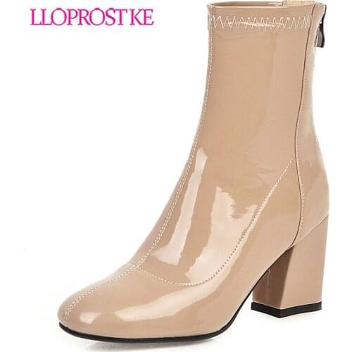 Lloprost ke Plus Size 33-46 Women Short Boots Square Toe Office High Heel Shoes Women Winter Casual Zipper Fur Ankle Boots H629