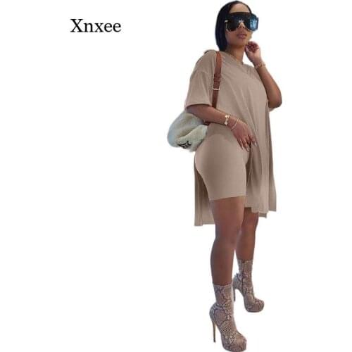 Long T-Shirt Shorts Two Piece Suit 2021 Summer Irregular Split Tops Shorts Set Loose Women Home Lounge Wear Sportswear Outfits