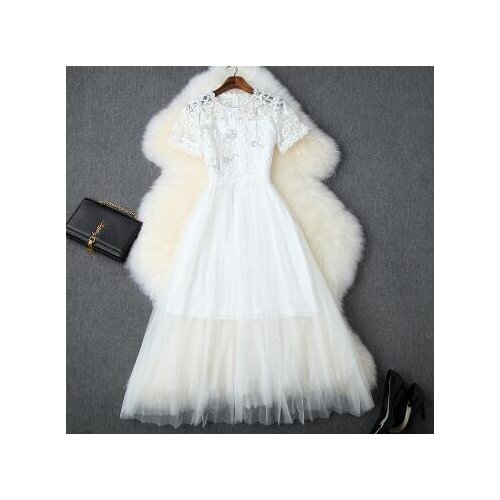 2019 spring and summer womens new elegant round neck nail drill mesh embroidery dress long skirt pleated dressT3682