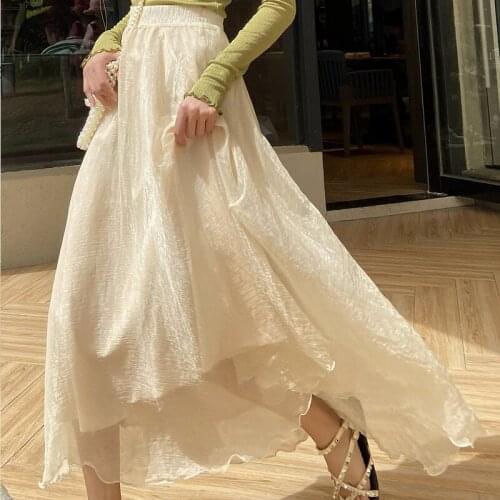 2021 Women Luster Silk Slippery Long Skirts Elastic Waist Pleated Midi Skirts Beach Boho Vintage Summer Skirts Faldas Saia