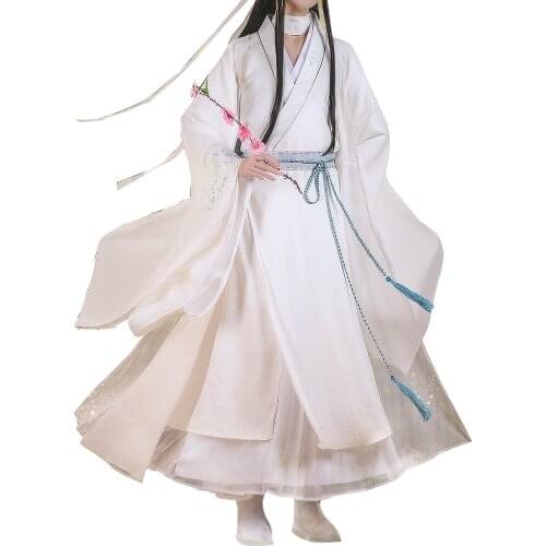 Anime Unisex Xie Lian Cosplay CostumesTian Guan Ci Fu Halloween Cosplay Xielian Wig Bamboo Hat White Han Fu Clothes Full Sets
