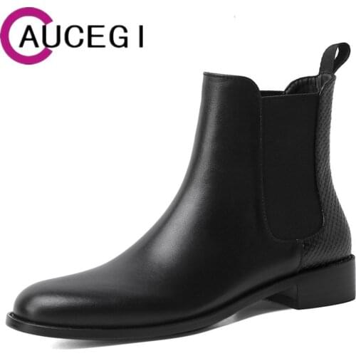 Aucegi Quality Simple Genuine Leather Chelsea Women Ankle Boots Low Heel Round Toe Autumn Winter Daily Life Dress Shoes Black