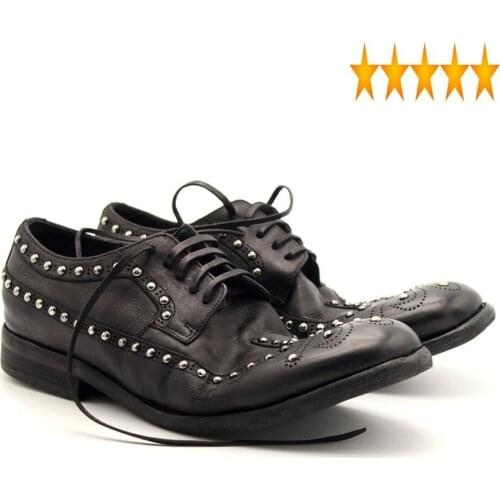 Genuine Leather Derby Brand Men Rivets Vintage Lace Up Brogue Round Toe Luxury Punk Black Casual Shoes Oversize 46