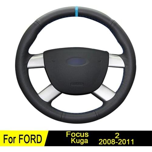 Car Steering Wheel Cover For Ford Kuga 2011-2008 Focus 2 Black DIY Hand-stitched Non-slip Genuine Leather Four Seasons