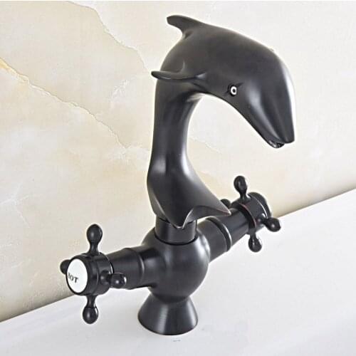 Black Oil Rubbed Bronze Swivel Spout Dual Cross Handles Cute Animal Dolphin Style Bathroom Kitchen Sink Faucet Mixer Tap asf843