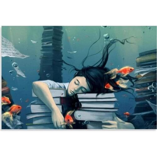Girl Drowning in Books Poster Decorative Painting Canvas Wall Art Living Room Posters Bedroom Painting