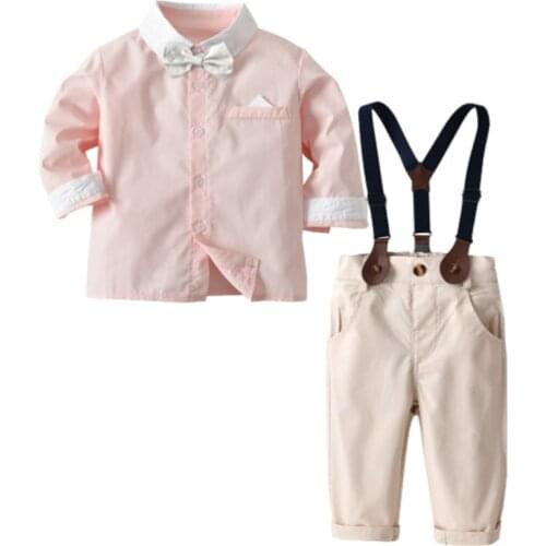 Baby Boy Clothing Set Dress Suit Gentleman Pink Shirt With Bow Tie+Pants Party wedding Handsome Kid Clothing For Boys Clothes