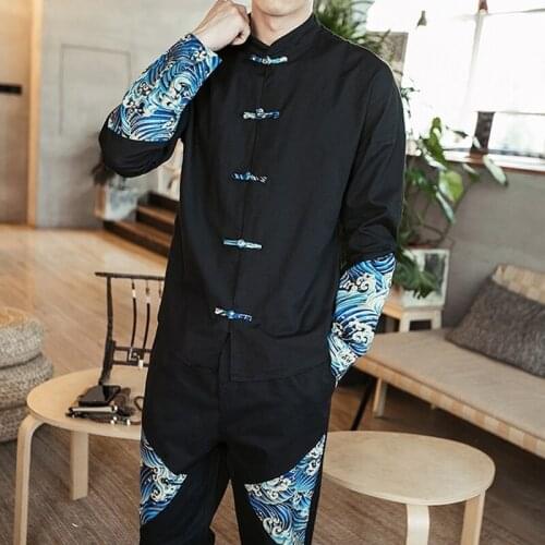 Chinese Style Retro Tang Suit Cotton Linen Patchwork Suit Plus Size Printed Hanfu Men Clothing 2021 Print Clothes 5Xl Male 31009