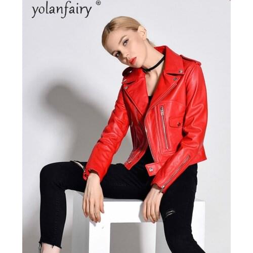 Natural Sheepskin Coat 100% Genuine Leather Jacket Women Red Motorcycle Biker Jackets for Women Korean Veste Cuir Femme KJ6679