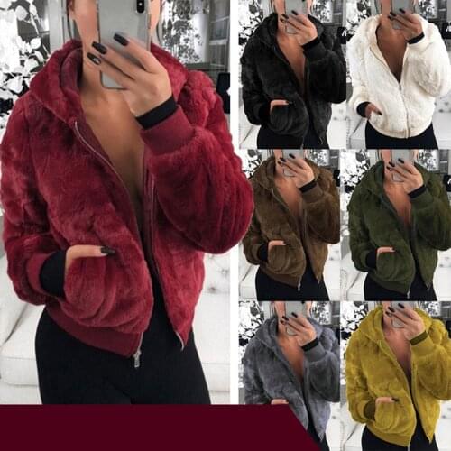 Leosoxs 2020 New Fashion Fluffy Womens Jackets Autumn Winter Casual Solid Regular Pocket Zipper Hooded Ladies Jackets Plus Size