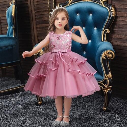 Summer Girls Knee Length Polyester Cotton Kids Bridesmaid Wedding Birthday Party Dress