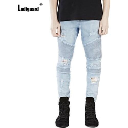 Men Jeans Skinny Denim Pants 2021 Autumn New Pleated Bottoms Pant Male Hole Ripped Denim Jeans Pencil Trousers Mens clothing