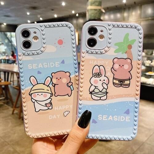 3D Loving Heart Cute Rabbit Bear Case For iPhone 12 11 Pro Mini X XS Max XR 8 7 6 Plus SE 2020 Square Soft Phone Cover Coque cap