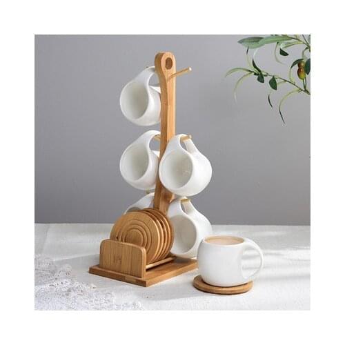 Six-piece Simple Ceramic Cup Set 200ml Tea Cup Coffee Cup Three-dimensional Bamboo and Wooden Bracket Striped Non-slip Coaster
