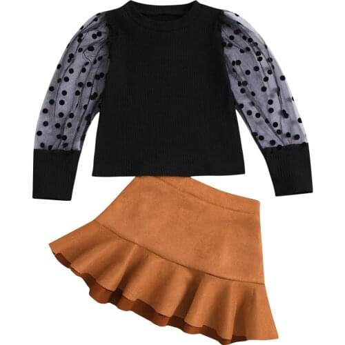 Citgeett Autumn Fashion Kids Girls Clothes Sets Polka Puff Sleeve Solid Black T Shirts Ruffles A-Line Skirts Spring Suit