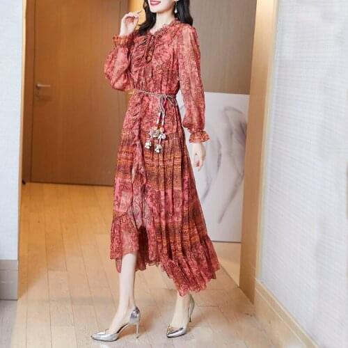 2021 Spring Mid-Length High-End Temperament Ruffled Floral Dress Asymmetry Fashion Long Sleeve Elegant Female Vestidos zh090