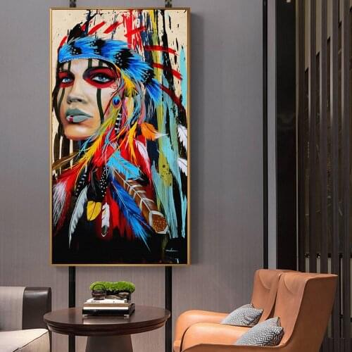 Pop Art Indian Girl Canvas Art Wall Paintings Pictures Indian Woman With Feather Posters And Prints For Living Room Wall Decora